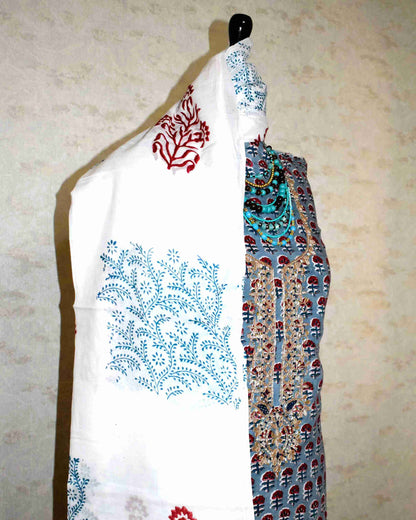 Hand Block Printed Cotton Suit with Gota Patti Hand Embroidery and Soft Malmal Dupatta