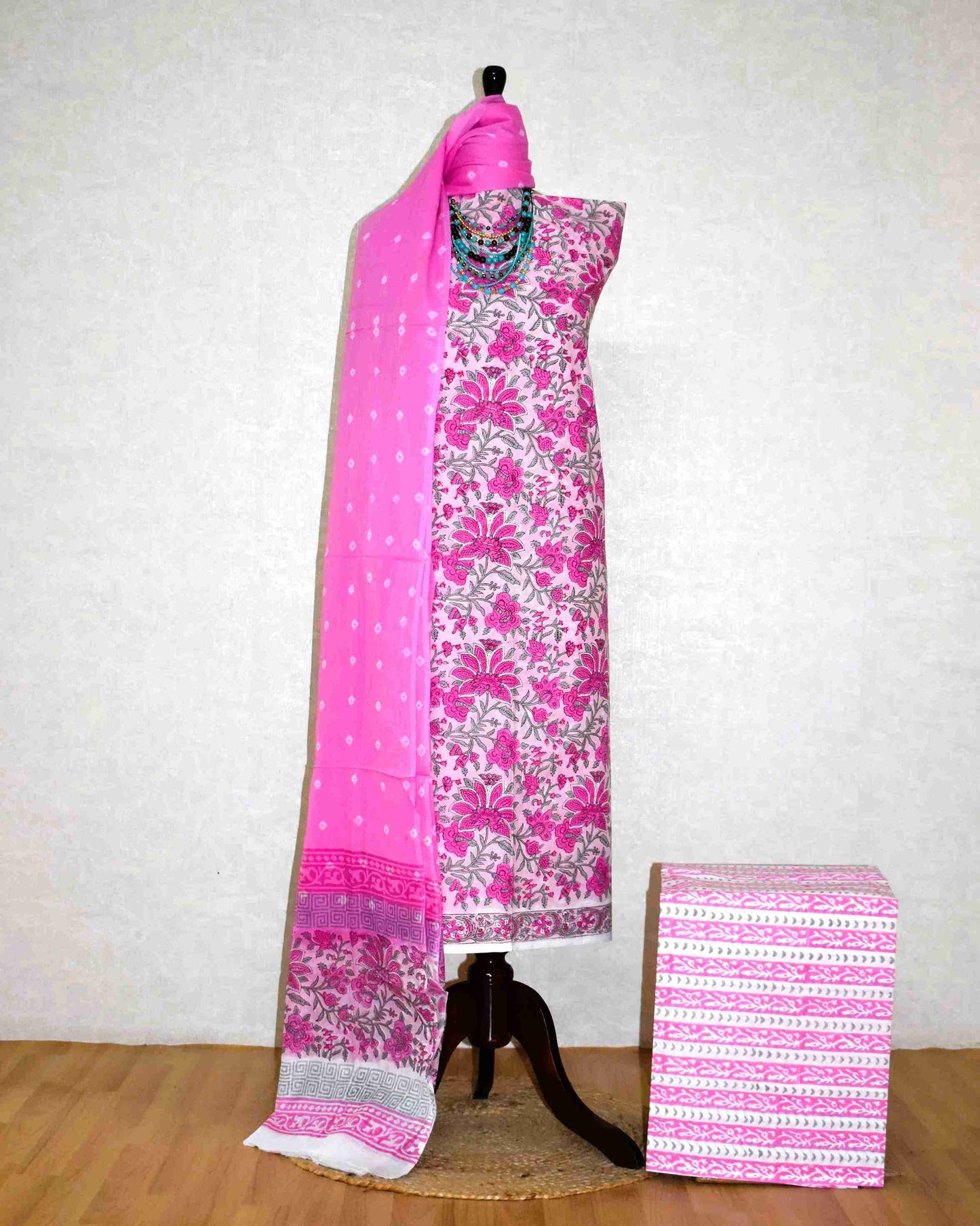 Pink Floral Hand Block All-over Printed Cotton Suit with Bandej Malmal Dupatta