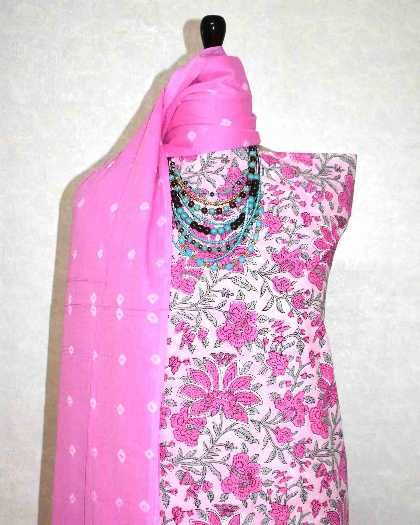 Pink Floral Hand Block All-over Printed Cotton Suit with Bandej Malmal Dupatta