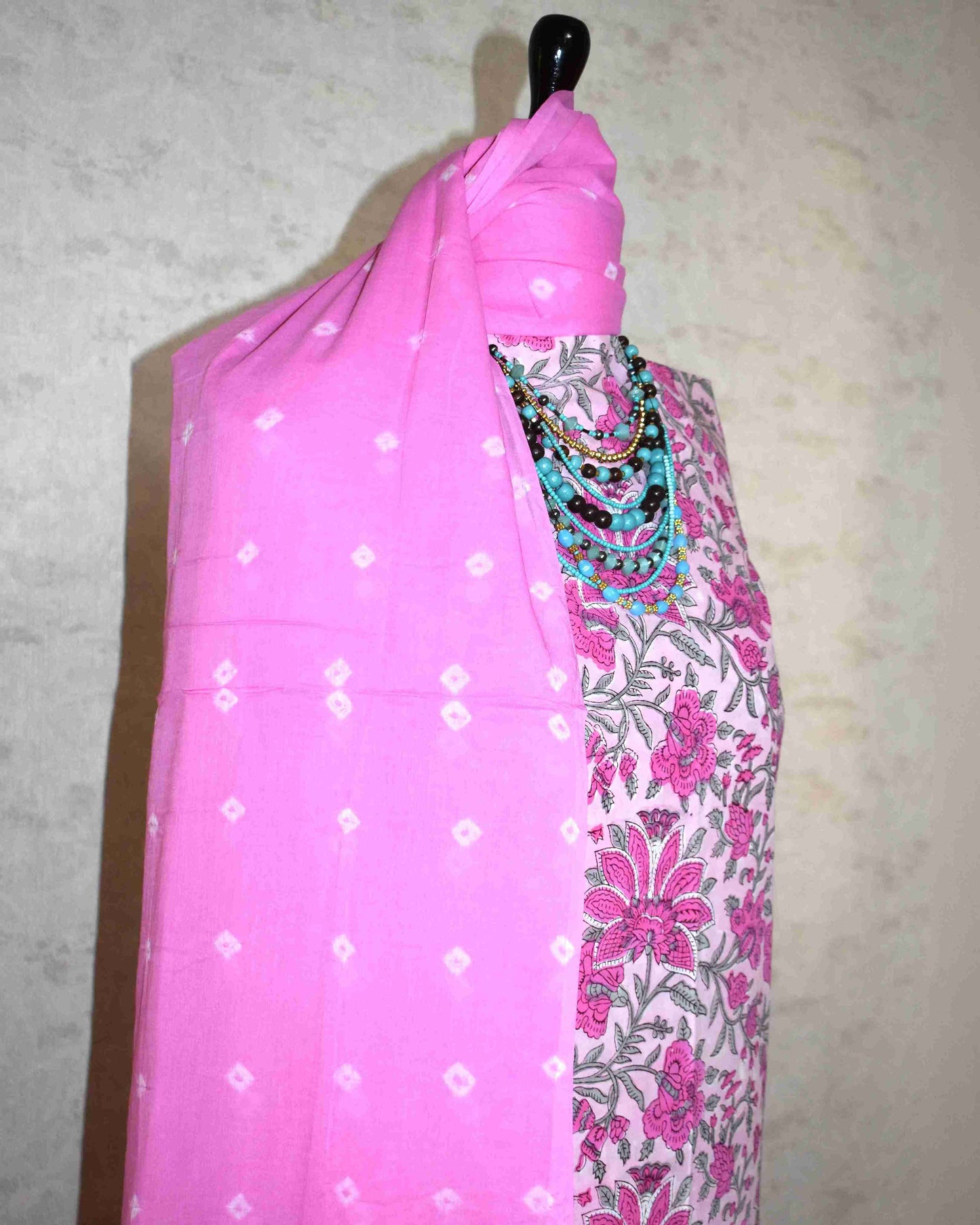 Pink Floral Hand Block All-over Printed Cotton Suit with Bandej Malmal Dupatta