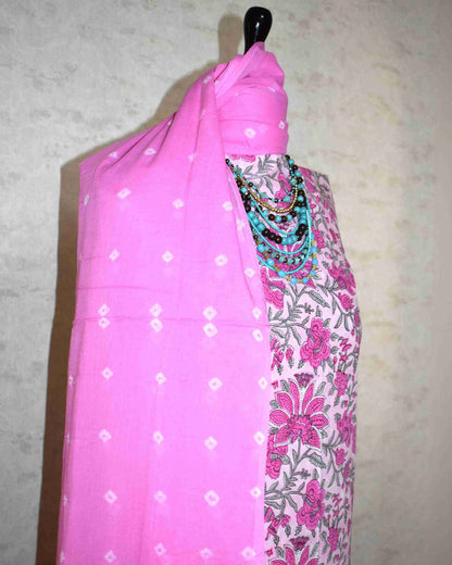 Pink Floral Hand Block All-over Printed Cotton Suit with Bandej Malmal Dupatta