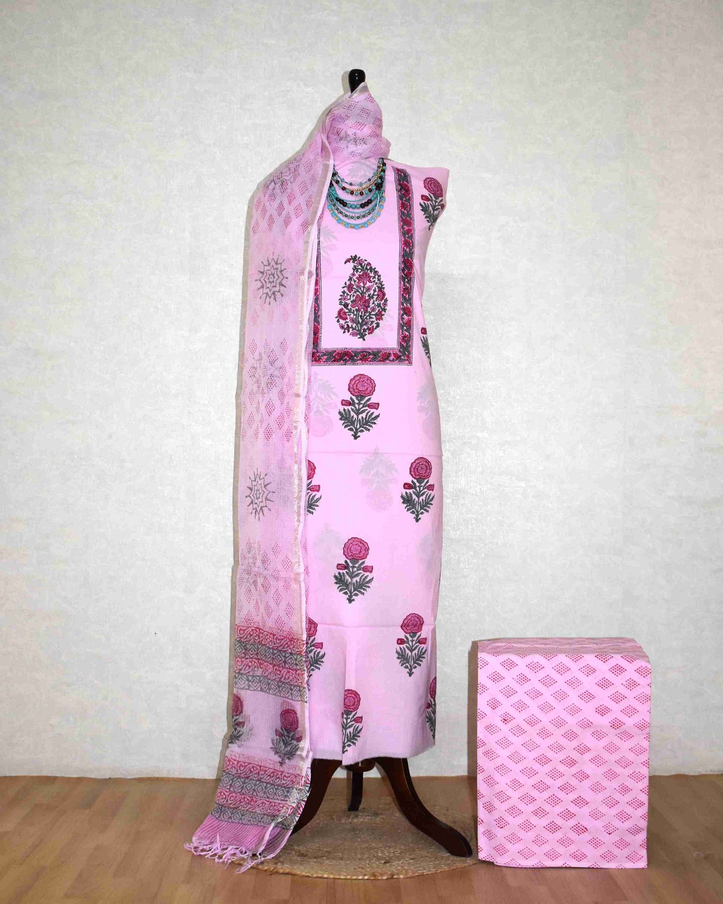 Pink Hand Block Printed Cotton Suit With Kota Doria Dupatta - Curated edit
