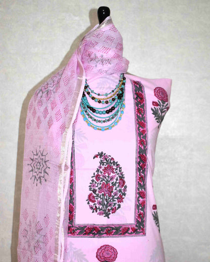 Pink Hand Block Printed Cotton Suit With Kota Doria Dupatta - Curated edit