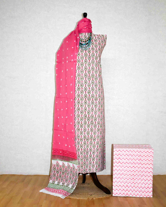 Peach Floral Hand Block All-over Printed Cotton Suit with Bandej Malmal Dupatta
