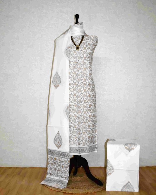 White All-over Floral Jaal Hand Block Printed Cotton Suit with Malmal Dupatta