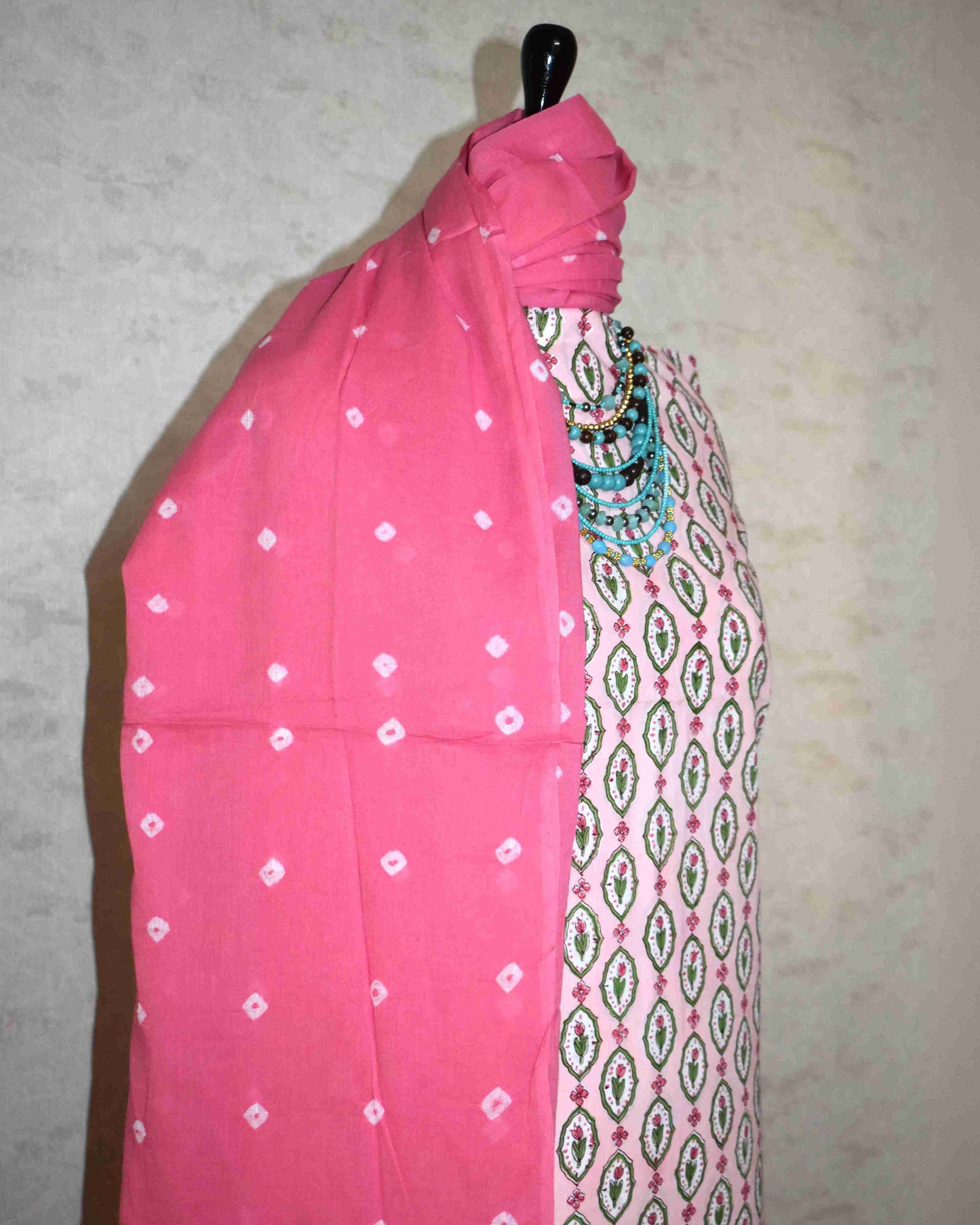 Peach Floral Hand Block All-over Printed Cotton Suit with Bandej Malmal Dupatta