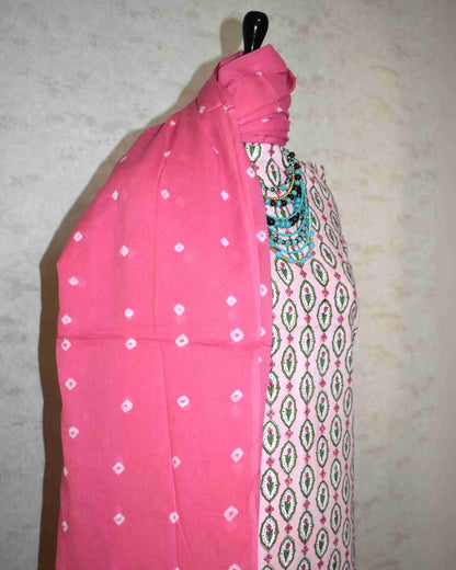 Peach Floral Hand Block All-over Printed Cotton Suit with Bandej Malmal Dupatta