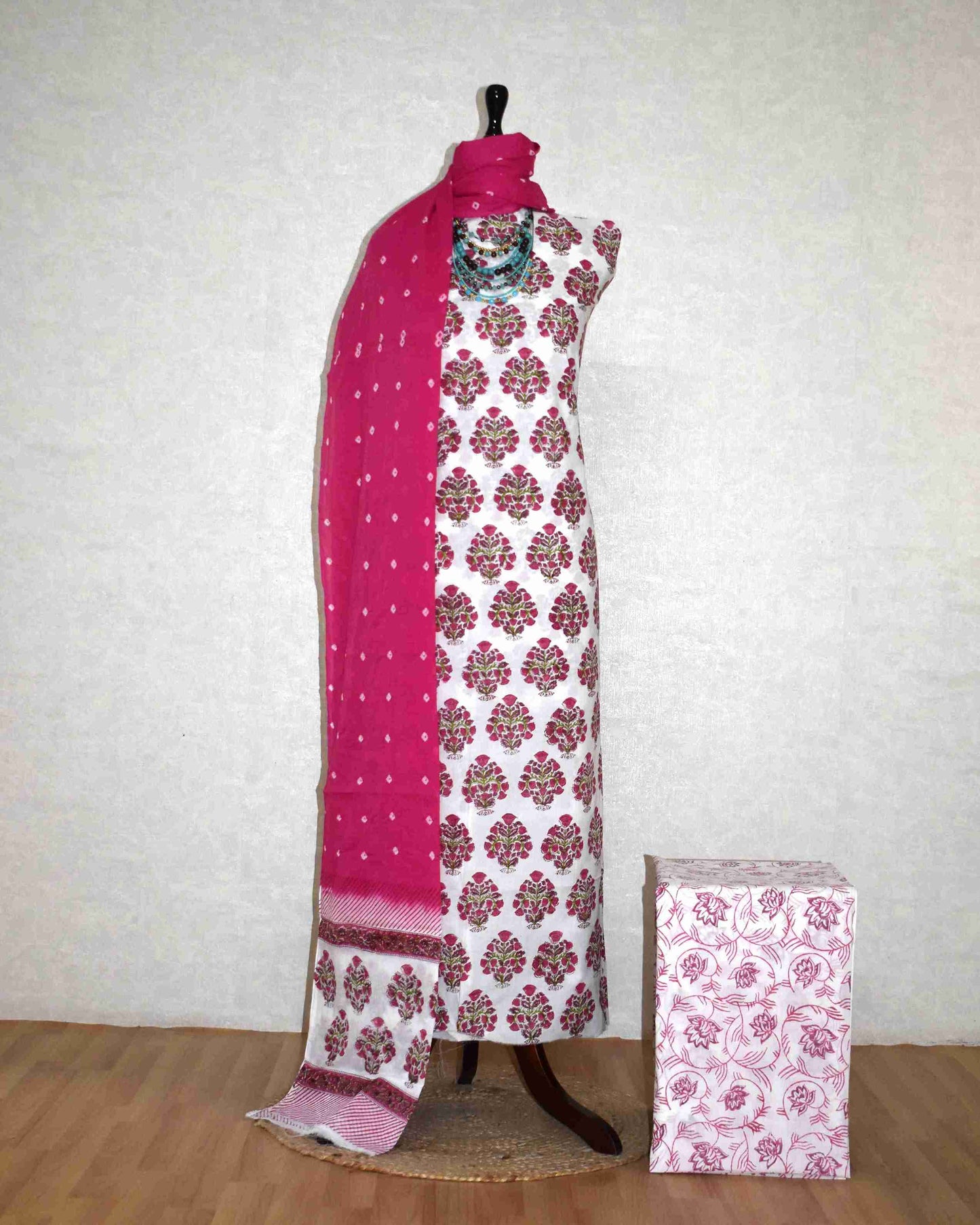 Pink Floral Buta Hand Block All-over Printed Cotton Suit with Bandej Malmal Dupatta