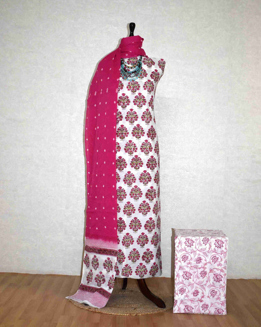 Pink Floral Buta Hand Block All-over Printed Cotton Suit with Bandej Malmal Dupatta