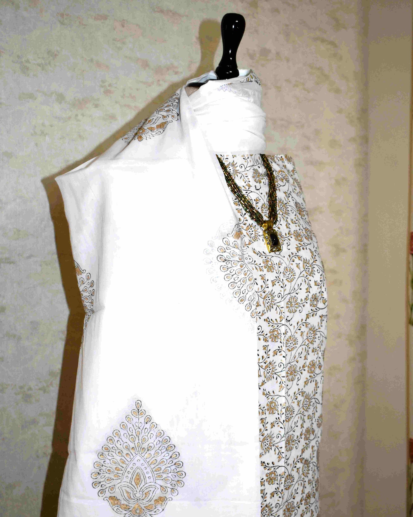 White All-over Floral Jaal Hand Block Printed Cotton Suit with Malmal Dupatta