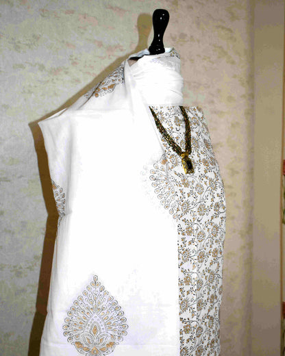 White All-over Floral Jaal Hand Block Printed Cotton Suit with Malmal Dupatta