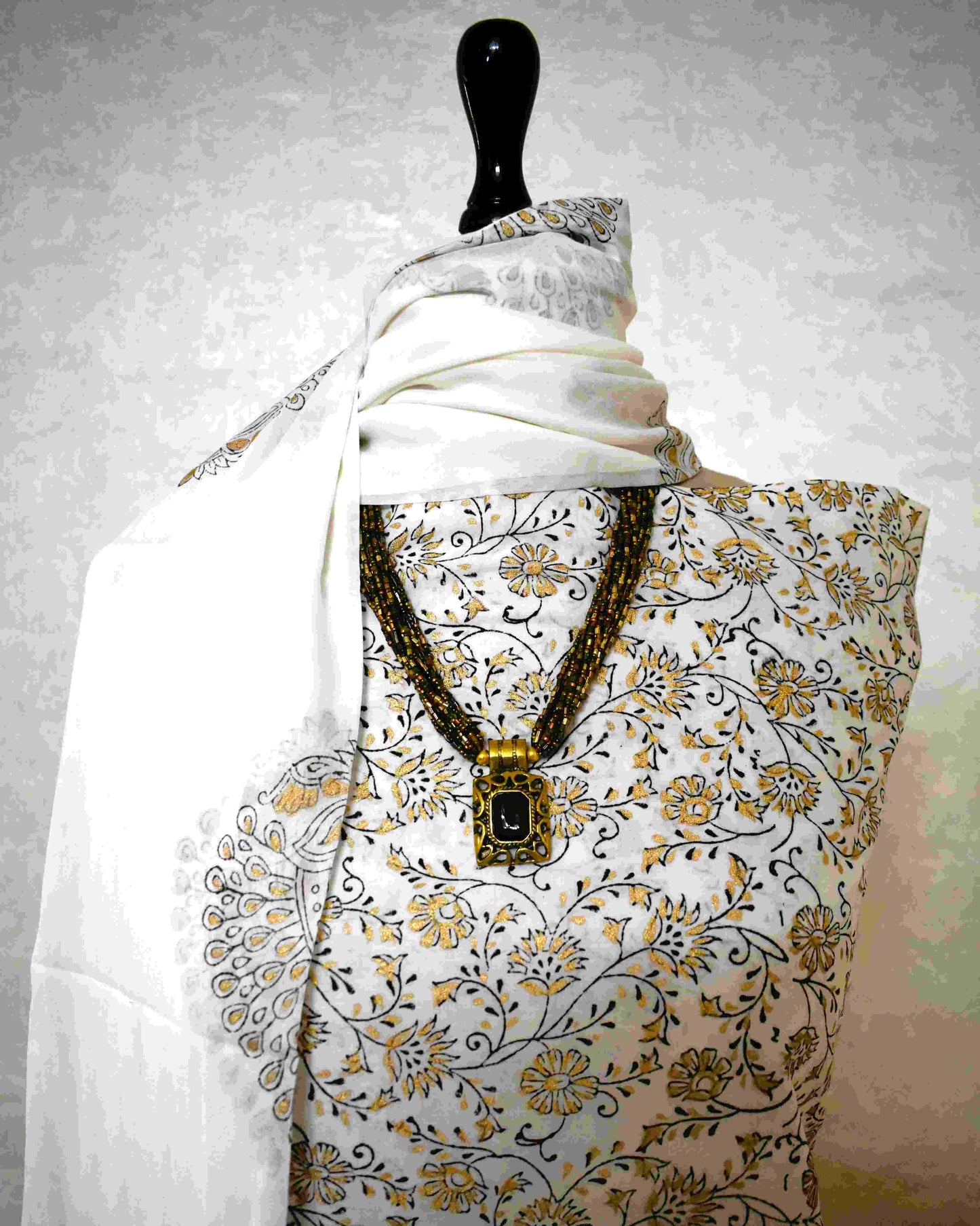 White All-over Floral Jaal Hand Block Printed Cotton Suit with Malmal Dupatta