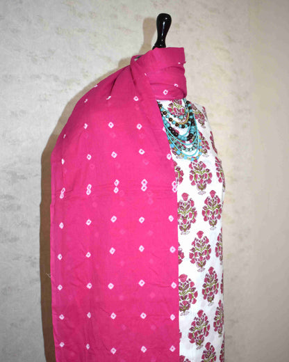Pink Floral Buta Hand Block All-over Printed Cotton Suit with Bandej Malmal Dupatta