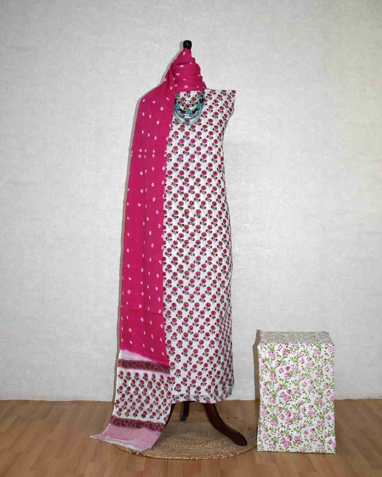 Pink Floral Buta Hand Block All-over Printed Cotton Suit with Bandej Malmal Dupatta