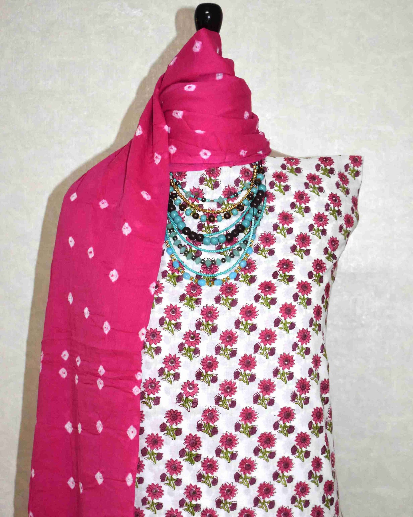 Pink Floral Buta Hand Block All-over Printed Cotton Suit with Bandej Malmal Dupatta