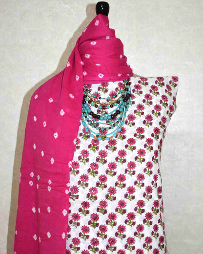 Pink Floral Buta Hand Block All-over Printed Cotton Suit with Bandej Malmal Dupatta
