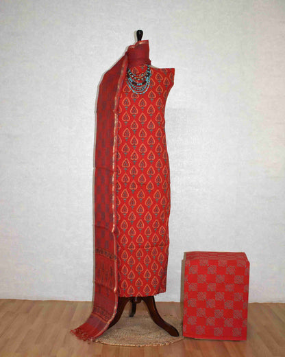 Matt Red Discharge Hand Block Printed Cotton Suit With Kota Doria Dupatta