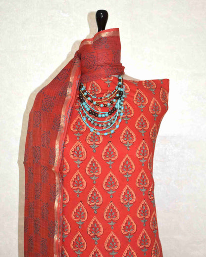 Matt Red Discharge Hand Block Printed Cotton Suit With Kota Doria Dupatta