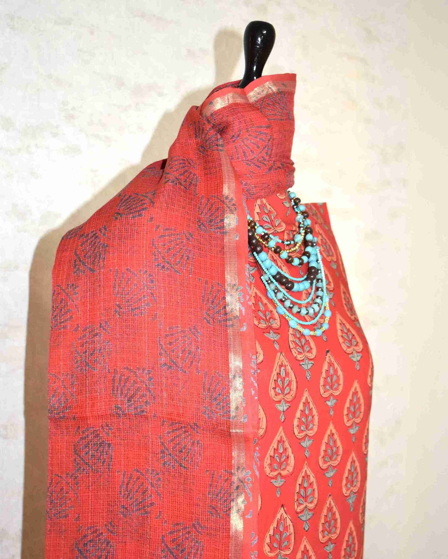 Matt Red Discharge Hand Block Printed Cotton Suit With Kota Doria Dupatta