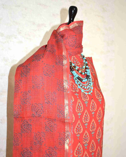 Matt Red Discharge Hand Block Printed Cotton Suit With Kota Doria Dupatta