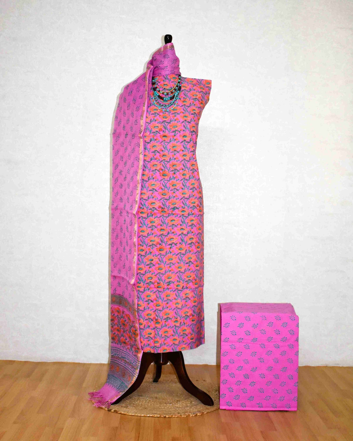 Pink Discharge Hand Block Printed Cotton Suit With Kota Doria Dupatta
