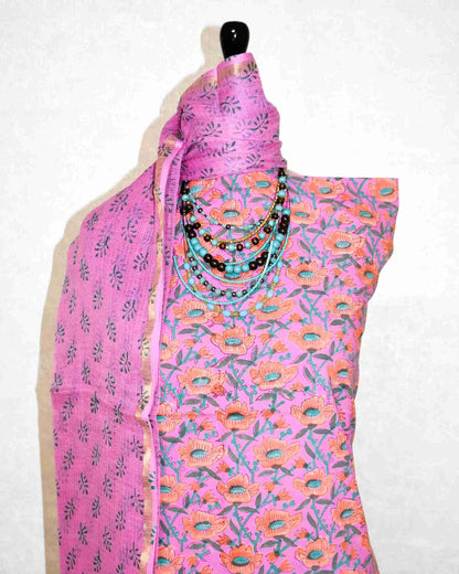 Pink Discharge Hand Block Printed Cotton Suit With Kota Doria Dupatta
