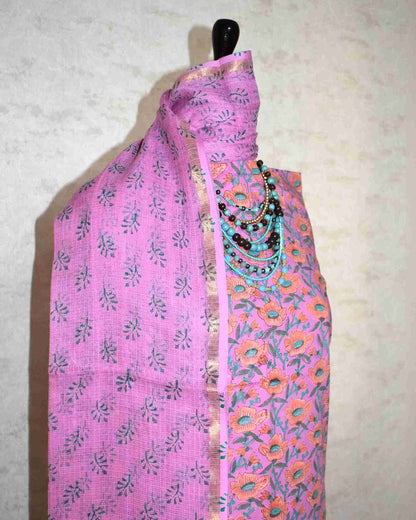 Pink Discharge Hand Block Printed Cotton Suit With Kota Doria Dupatta