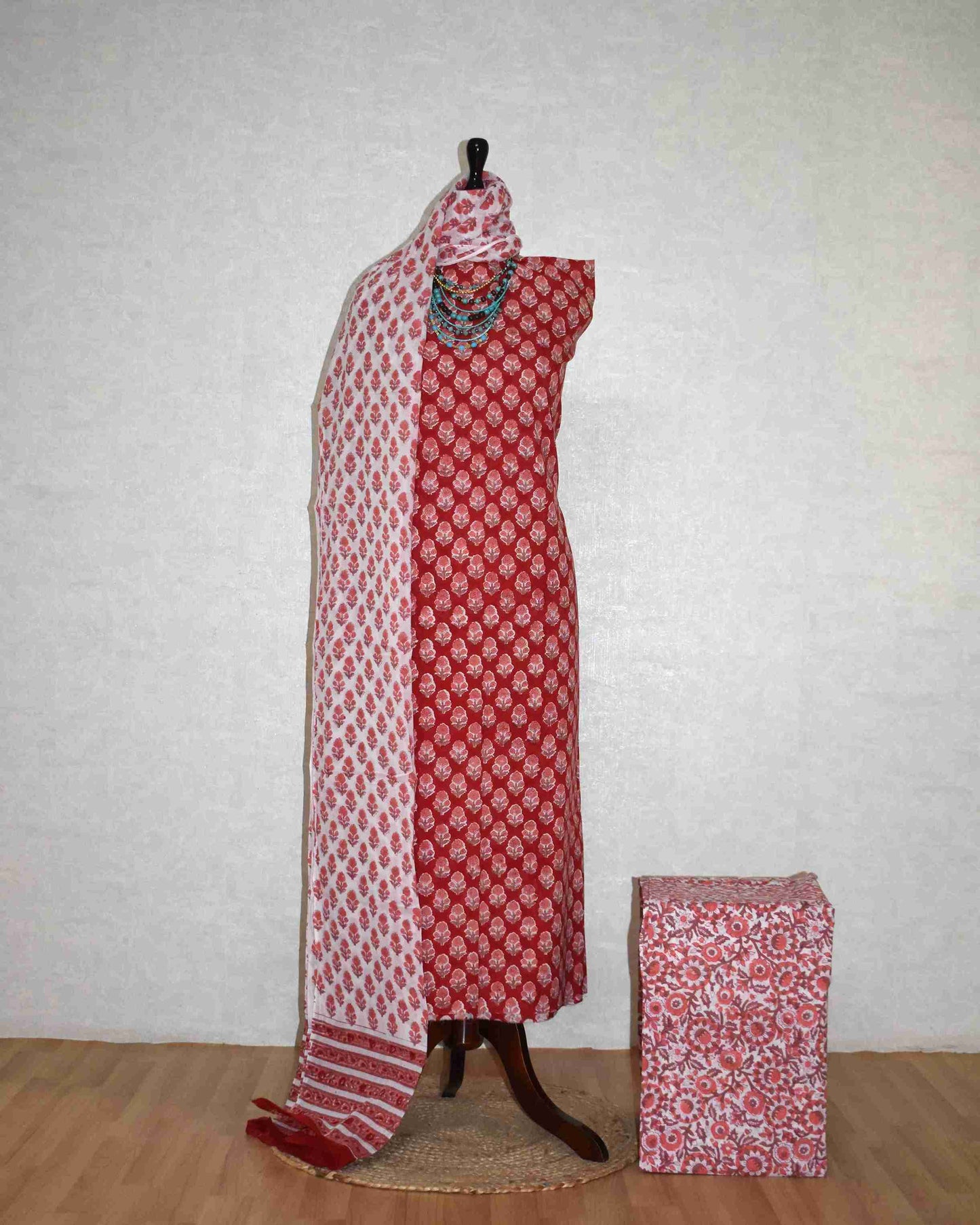 Red Floral Buti Buti Hand Block Printed Cotton Suit with Malmal Dupatta