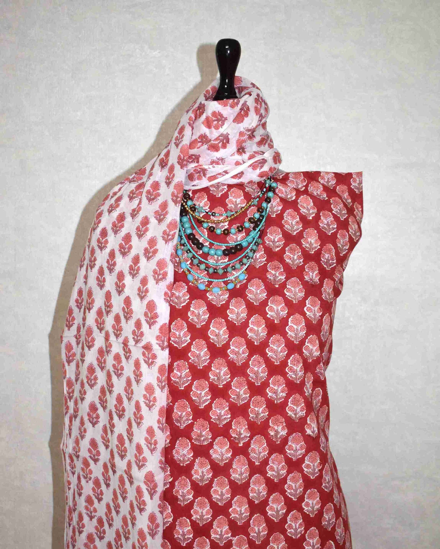 Red Floral Buti Buti Hand Block Printed Cotton Suit with Malmal Dupatta