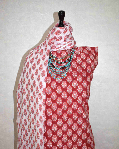 Red Floral Buti Buti Hand Block Printed Cotton Suit with Malmal Dupatta