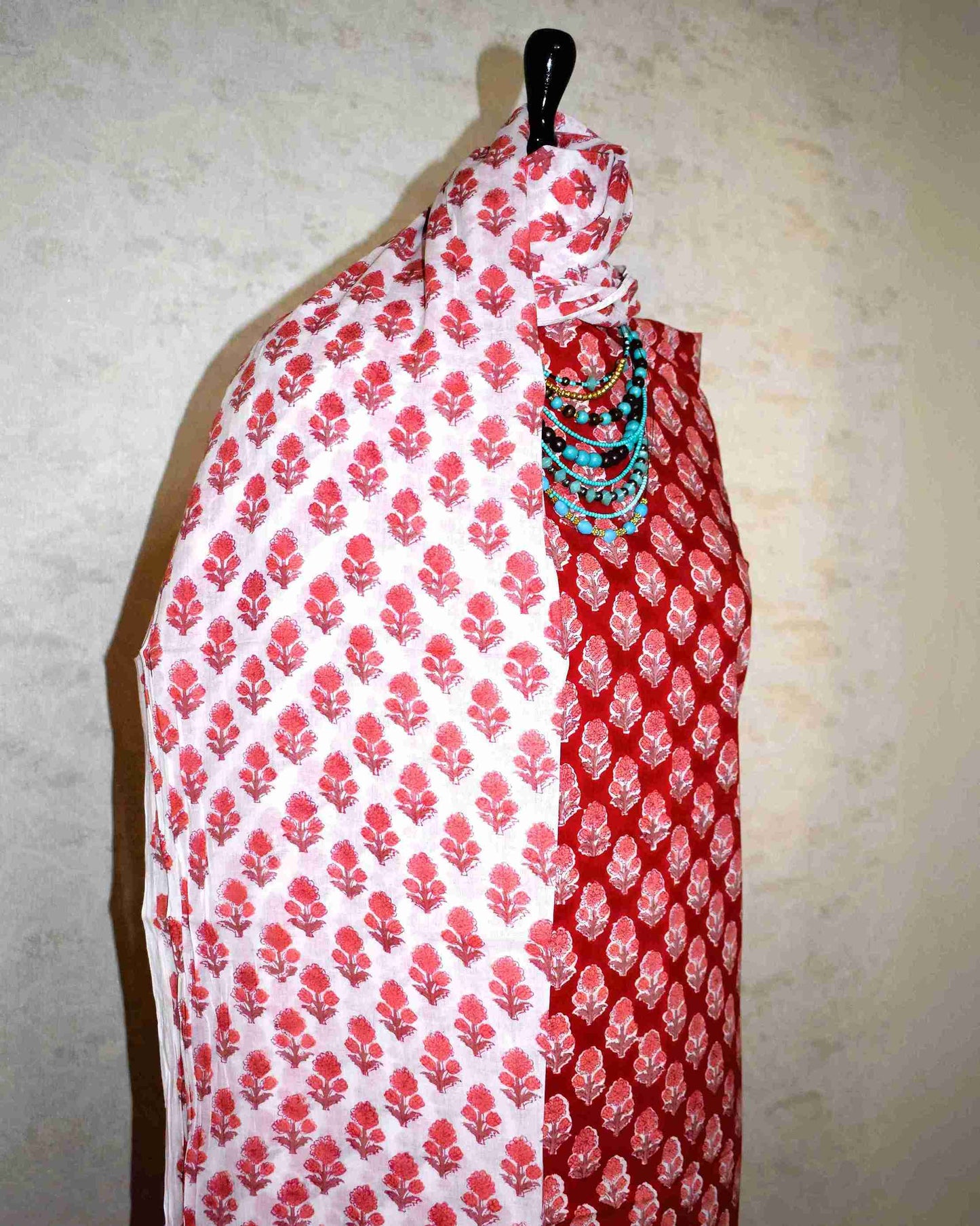 Red Floral Buti Buti Hand Block Printed Cotton Suit with Malmal Dupatta