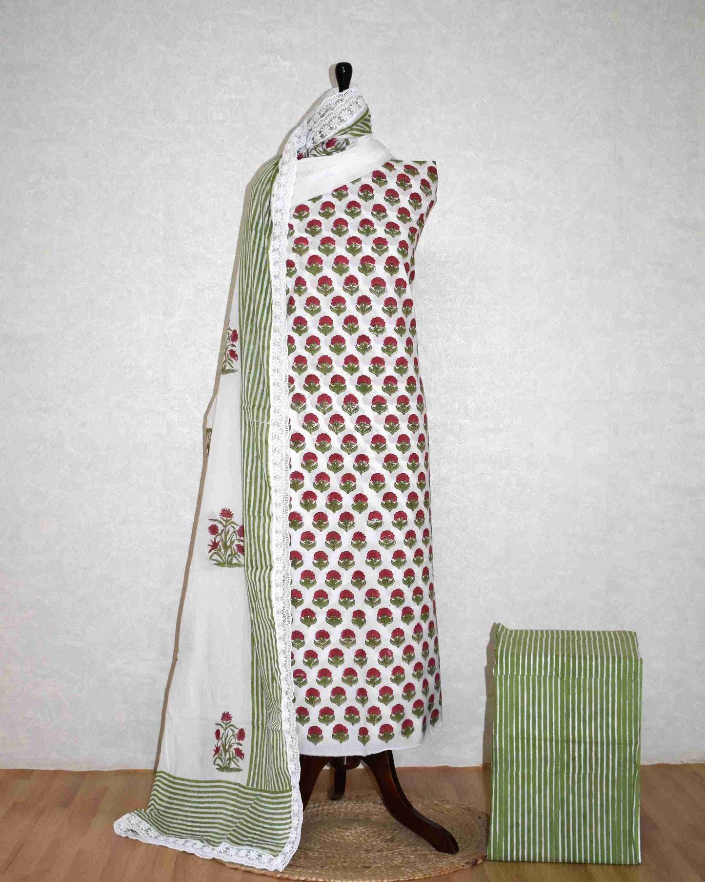 Green with Red Floral Buti Hand Block Printed Cotton Suit with Crochet Lace Work and Malmal Dupatta