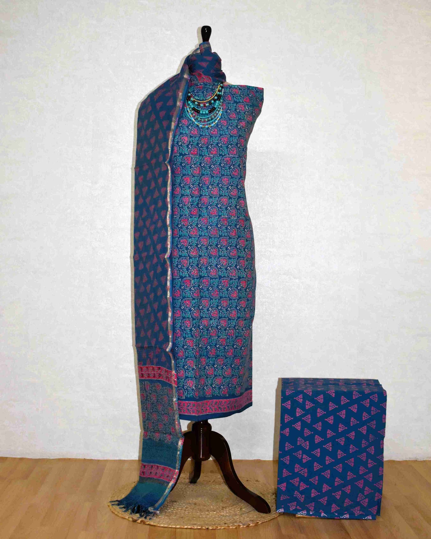 Ink Blue Discharge Hand Block Printed Cotton Suit With Kota Doria Dupatta