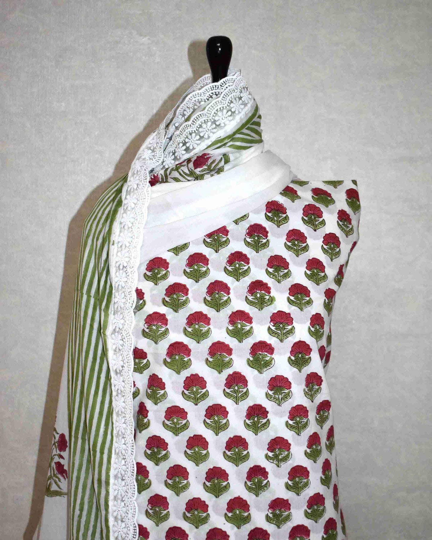 Green with Red Floral Buti Hand Block Printed Cotton Suit with Crochet Lace Work and Malmal Dupatta