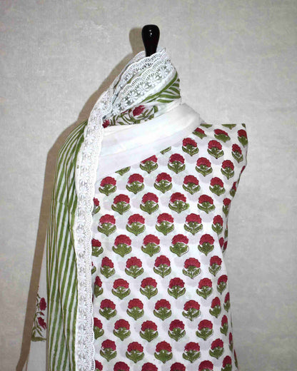 Green with Red Floral Buti Hand Block Printed Cotton Suit with Crochet Lace Work and Malmal Dupatta