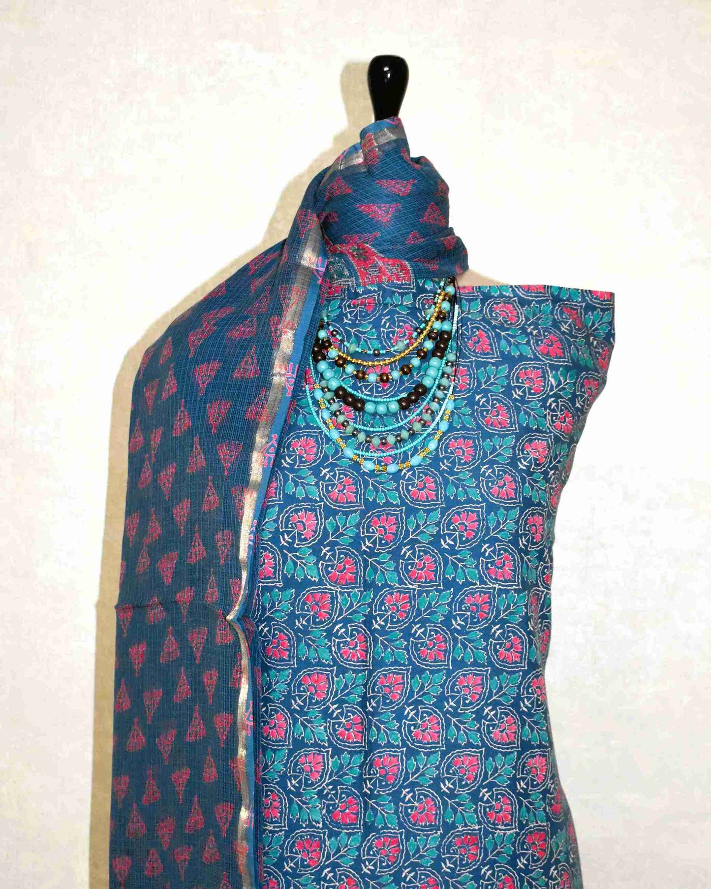 Ink Blue Discharge Hand Block Printed Cotton Suit With Kota Doria Dupatta