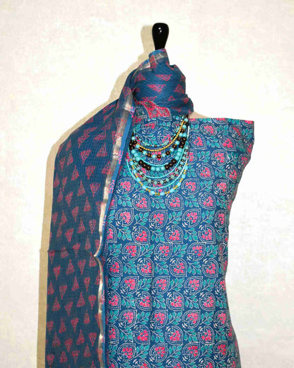 Ink Blue Discharge Hand Block Printed Cotton Suit With Kota Doria Dupatta