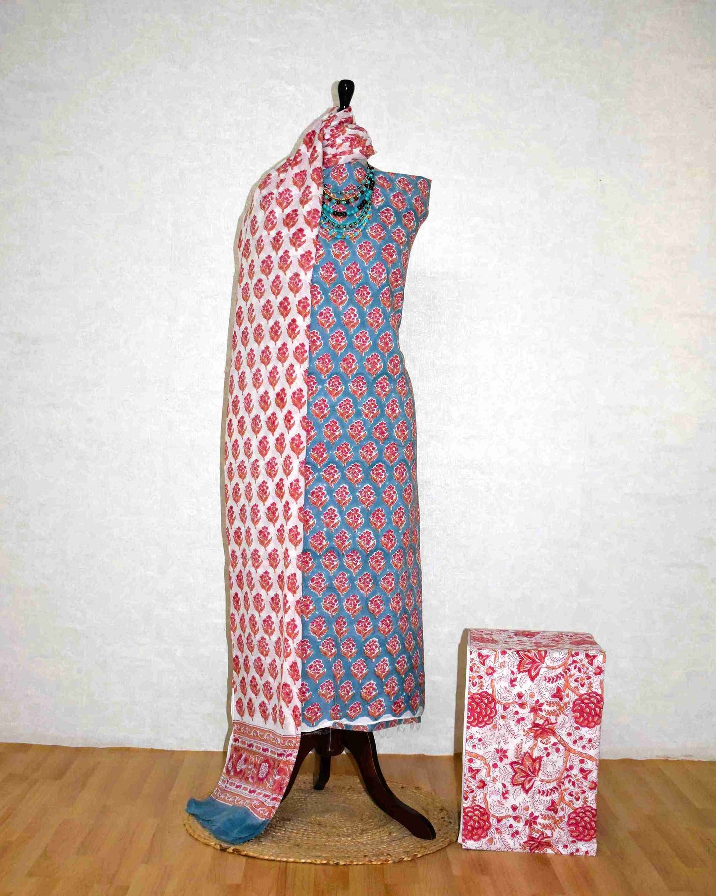 Blue Floral Buti Buti Hand Block Printed Cotton Suit with Malmal Dupatta