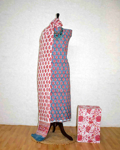 Blue Floral Buti Buti Hand Block Printed Cotton Suit with Malmal Dupatta