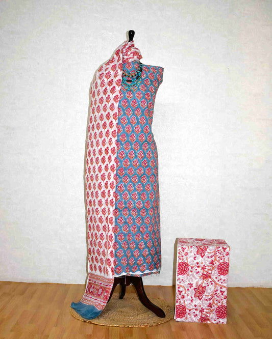 Blue Floral Buti Buti Hand Block Printed Cotton Suit with Malmal Dupatta