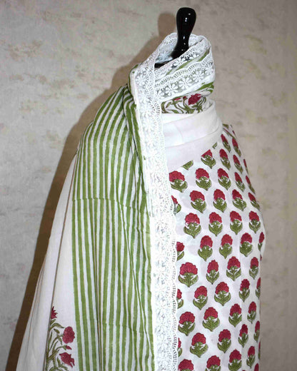 Green with Red Floral Buti Hand Block Printed Cotton Suit with Crochet Lace Work and Malmal Dupatta