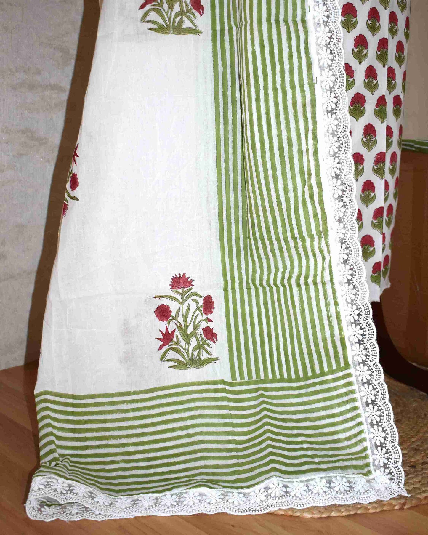 Green with Red Floral Buti Hand Block Printed Cotton Suit with Crochet Lace Work and Malmal Dupatta