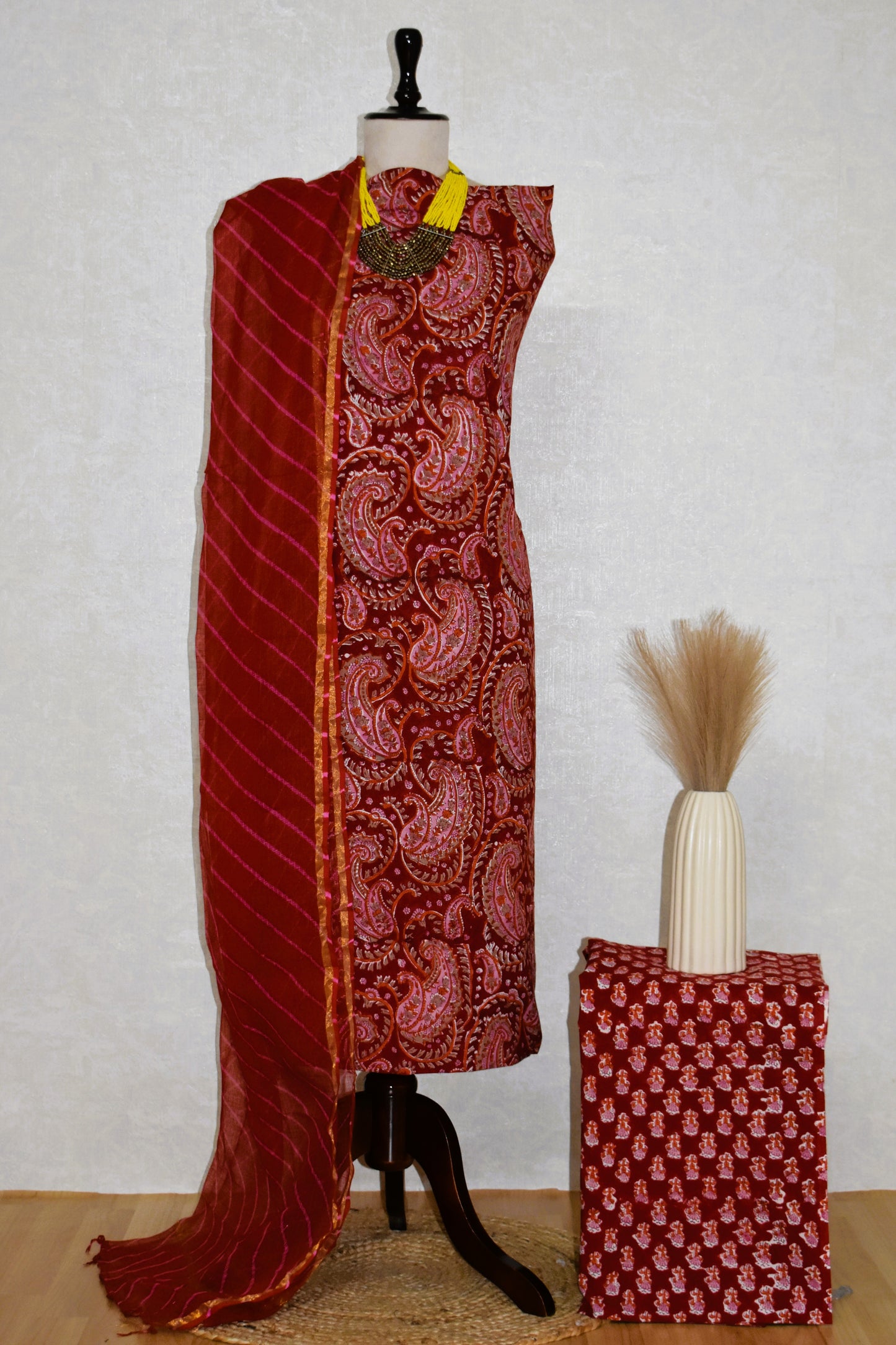 Red Paisley Hand Block Printed Cotton Suit with Kota Doria Leheriya Dupatta