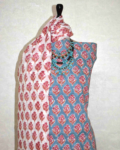 Blue Floral Buti Buti Hand Block Printed Cotton Suit with Malmal Dupatta