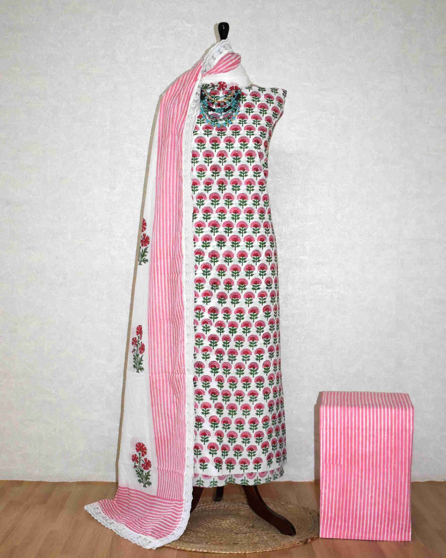 Pink Floral Buti Hand Block Printed Cotton Suit with Crochet Lace Work and Malmal Dupatta