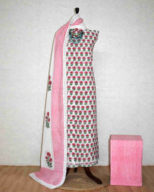 Pink Floral Buti Hand Block Printed Cotton Suit with Crochet Lace Work and Malmal Dupatta