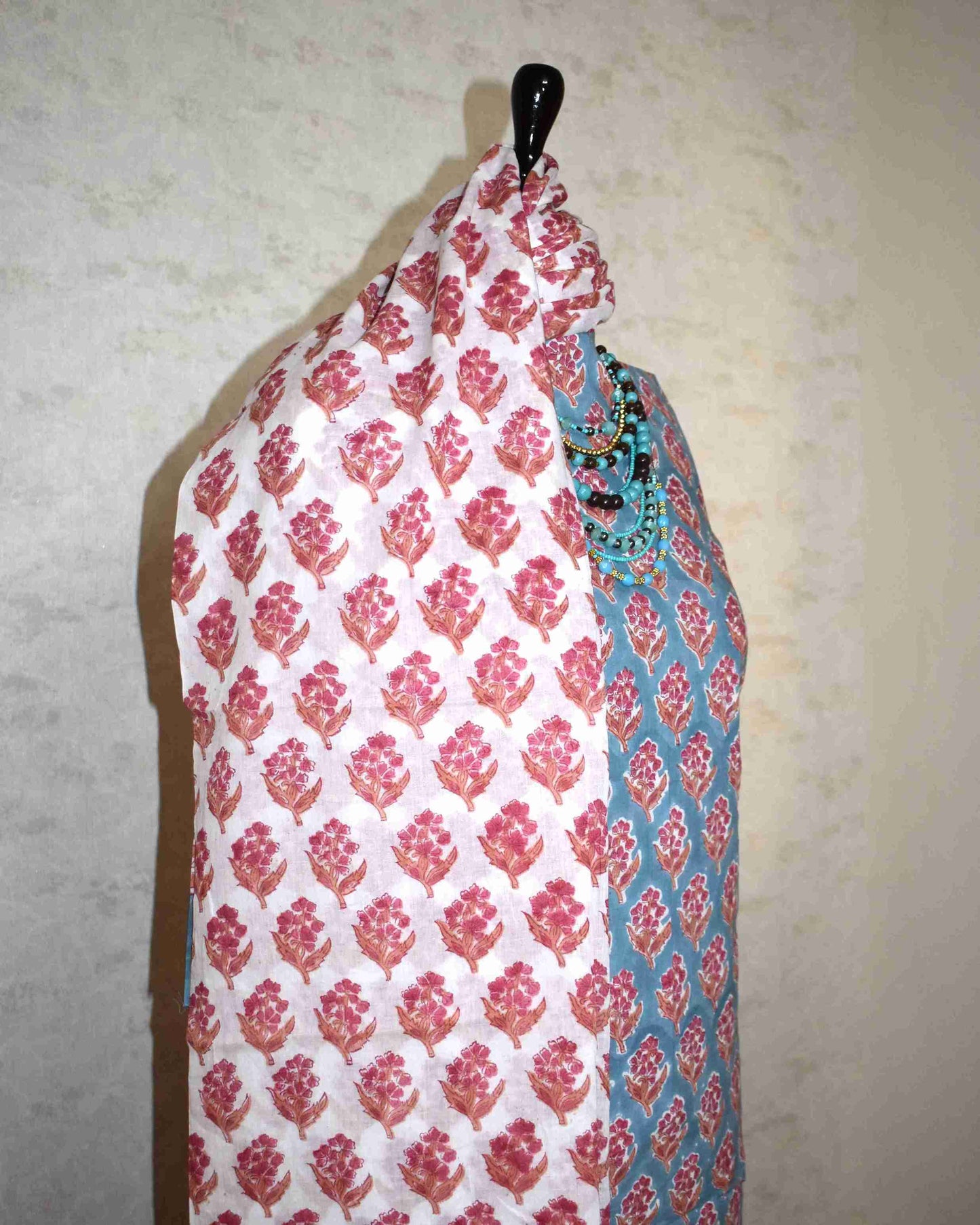 Blue Floral Buti Buti Hand Block Printed Cotton Suit with Malmal Dupatta