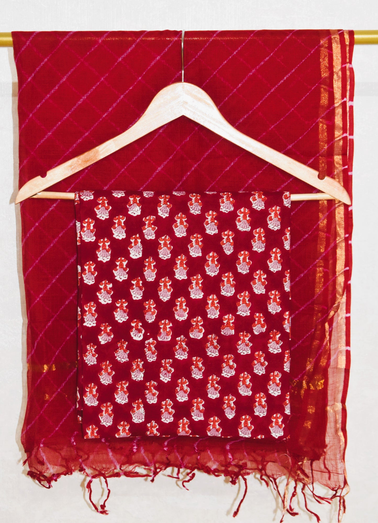 Red Paisley Hand Block Printed Cotton Suit with Kota Doria Leheriya Dupatta