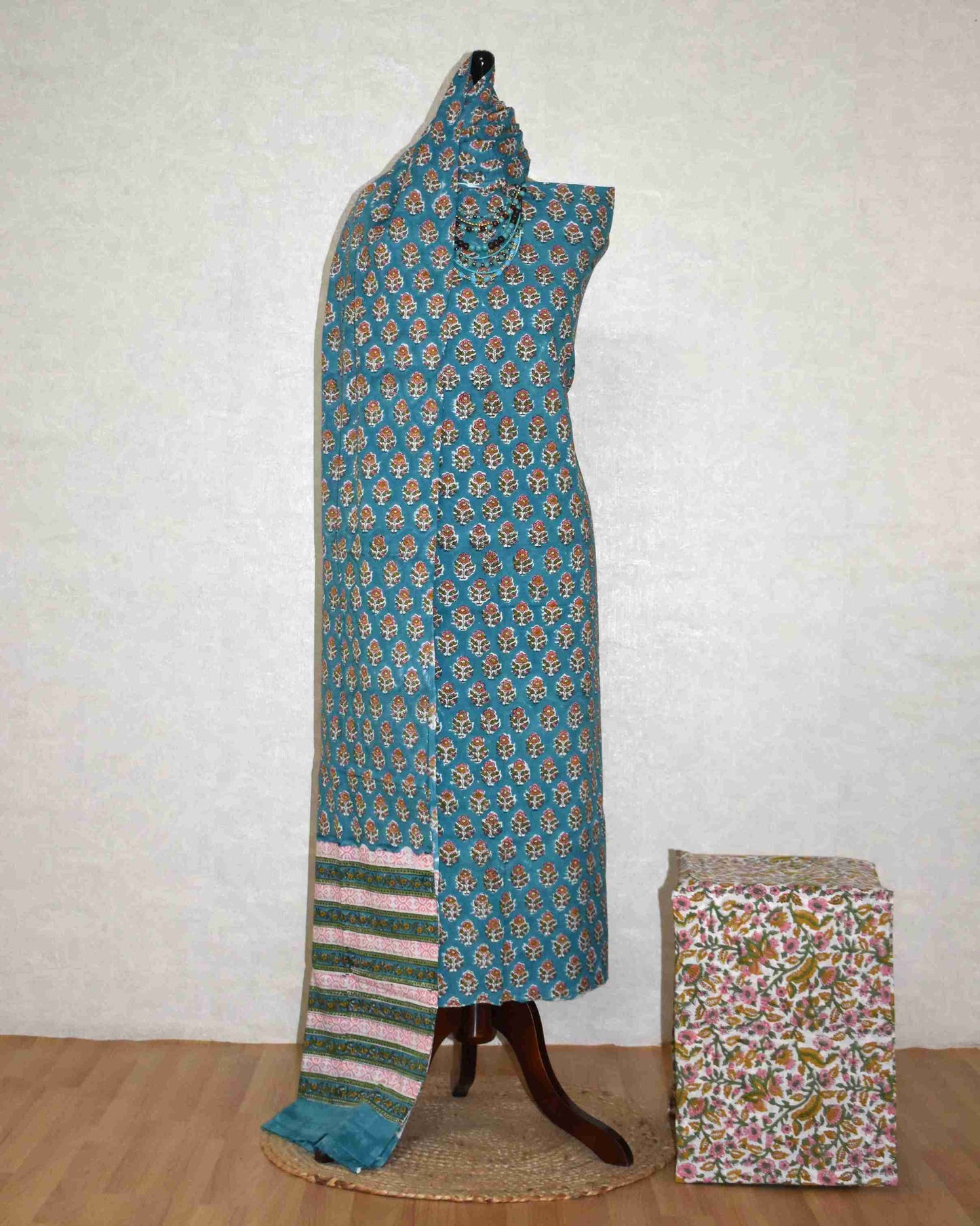 Blue Floral Buti Buti Hand Block Printed Cotton Suit with Malmal Dupatta
