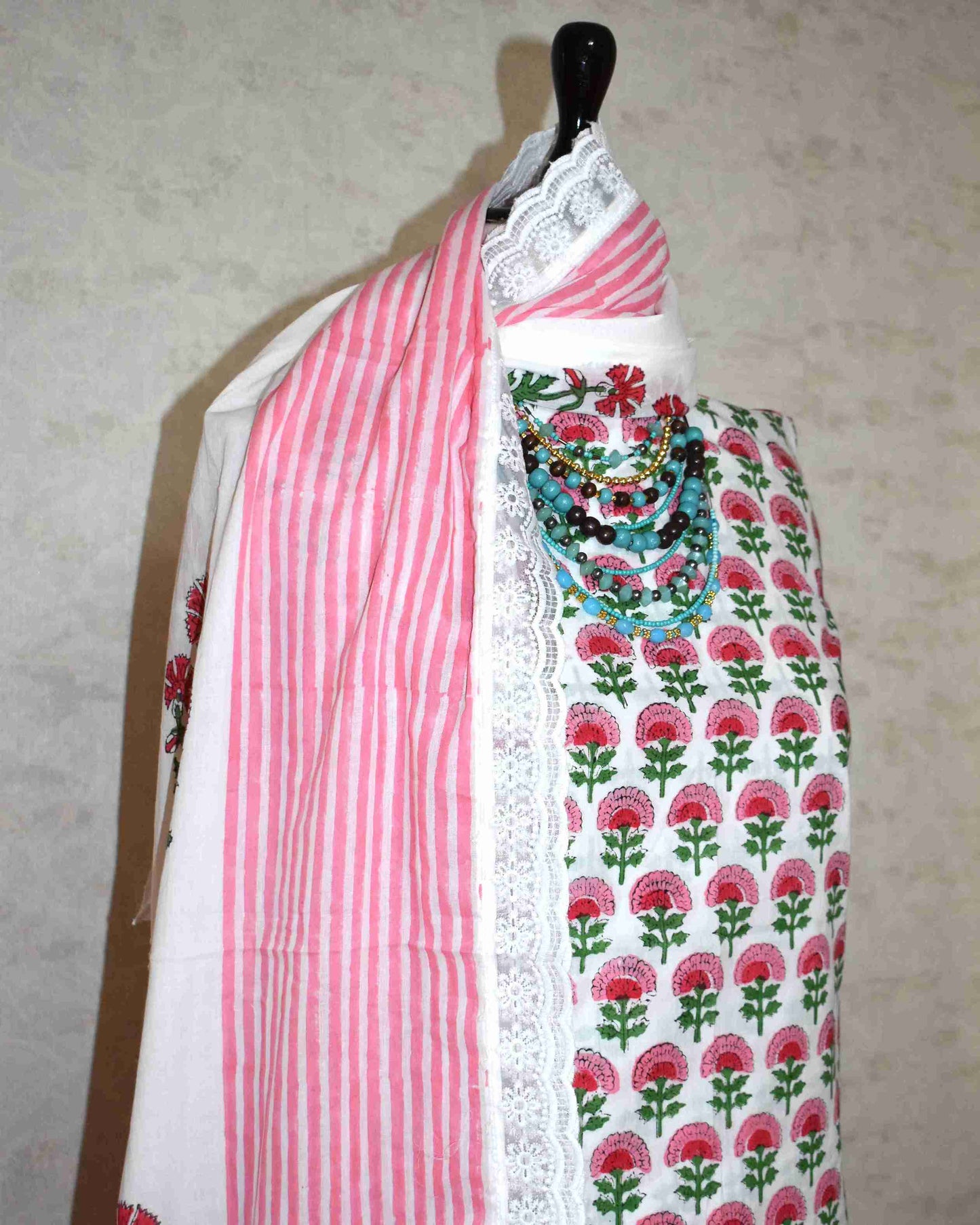 Pink Floral Buti Hand Block Printed Cotton Suit with Crochet Lace Work and Malmal Dupatta